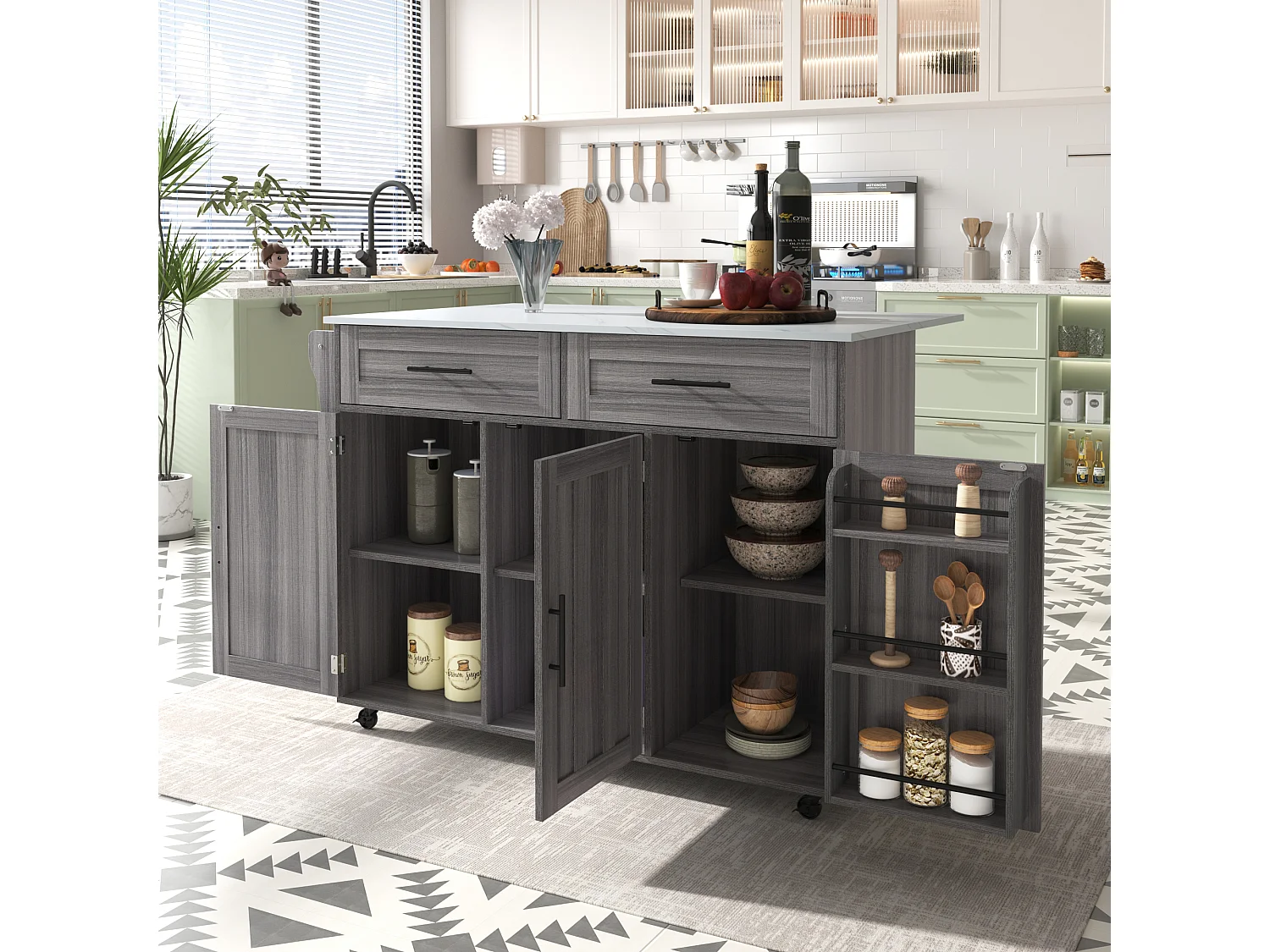 Chariot cuisine/Sideboard, plateau marbre blanc, extensible, portes rangement, roulettes, pieds bois interchangeables (129x46(71)x91.5 cm)