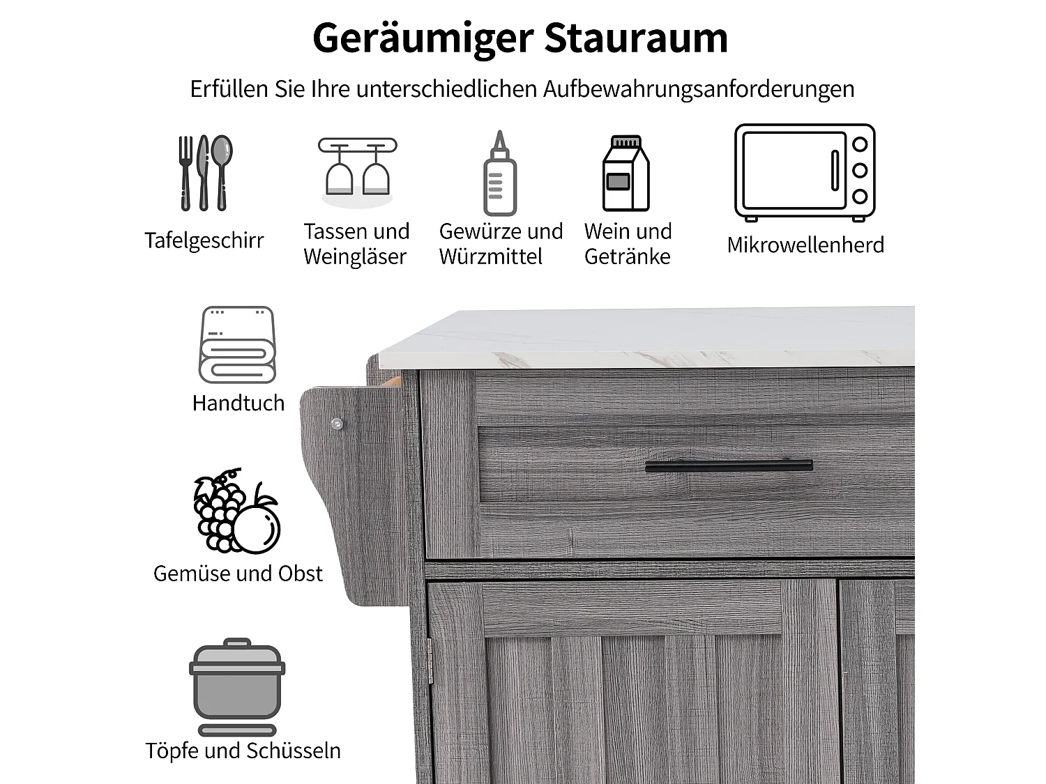 Chariot cuisine/Sideboard, plateau marbre blanc, extensible, portes rangement, roulettes, pieds bois interchangeables (129x46(71)x91.5 cm)