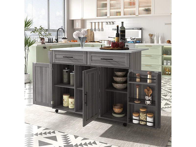 Chariot cuisine/Sideboard, plateau marbre blanc, extensible, portes rangement, roulettes, pieds bois interchangeables (129x46(71)x91.5 cm)