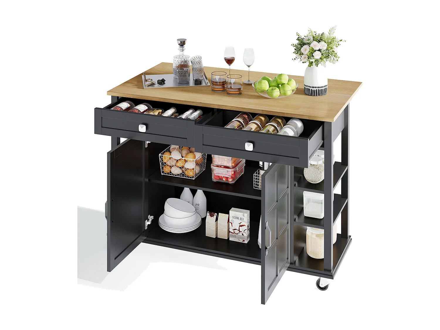 Chariot de cuisine multifonction, plateau rabattable, 2 tiroirs, roulettes, noir et naturel (L120 x P40 x H89 cm)