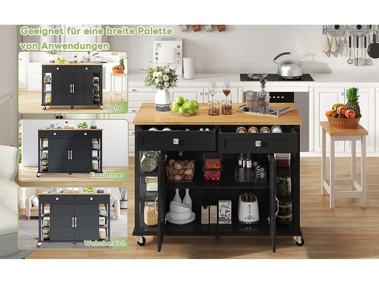 Chariot de cuisine multifonction, plateau rabattable, 2 tiroirs, roulettes, noir et naturel (L120 x P40 x H89 cm)