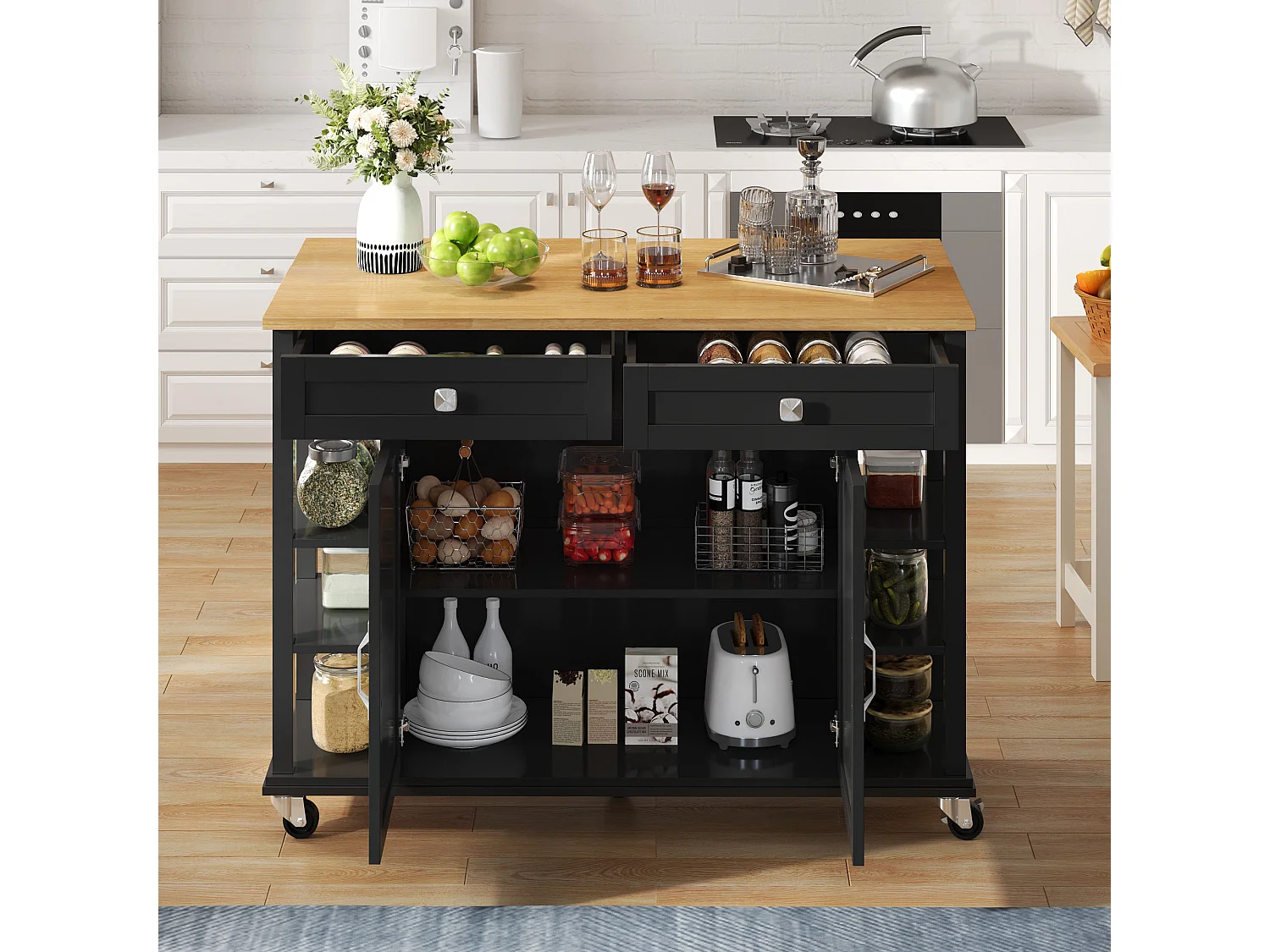 Chariot de cuisine multifonction, plateau rabattable, 2 tiroirs, roulettes, noir et naturel (L120 x P40 x H89 cm)