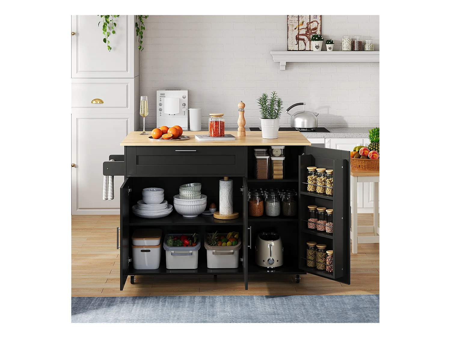 Chariot de cuisine mobile, plateau rabattable, 2 tiroirs, roulettes, noir et naturel (L132.5 x P44(70) x H90 cm)