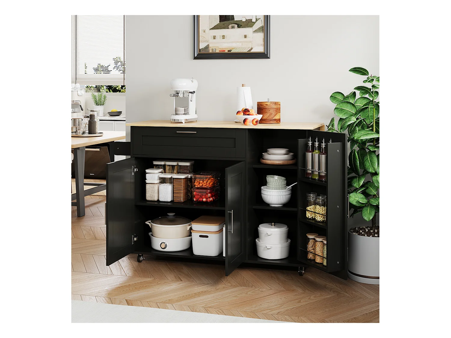 Chariot de cuisine mobile, plateau rabattable, 2 tiroirs, roulettes, noir et naturel (L132.5 x P44(70) x H90 cm)