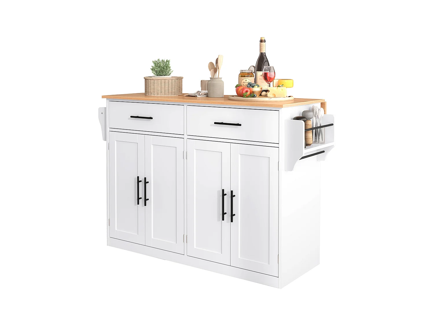 Servierwagen avec table rabattable, 3 tiroirs, porte-serviette, roulettes et pieds en bois interchangeables (120x44(70)x91 cm)