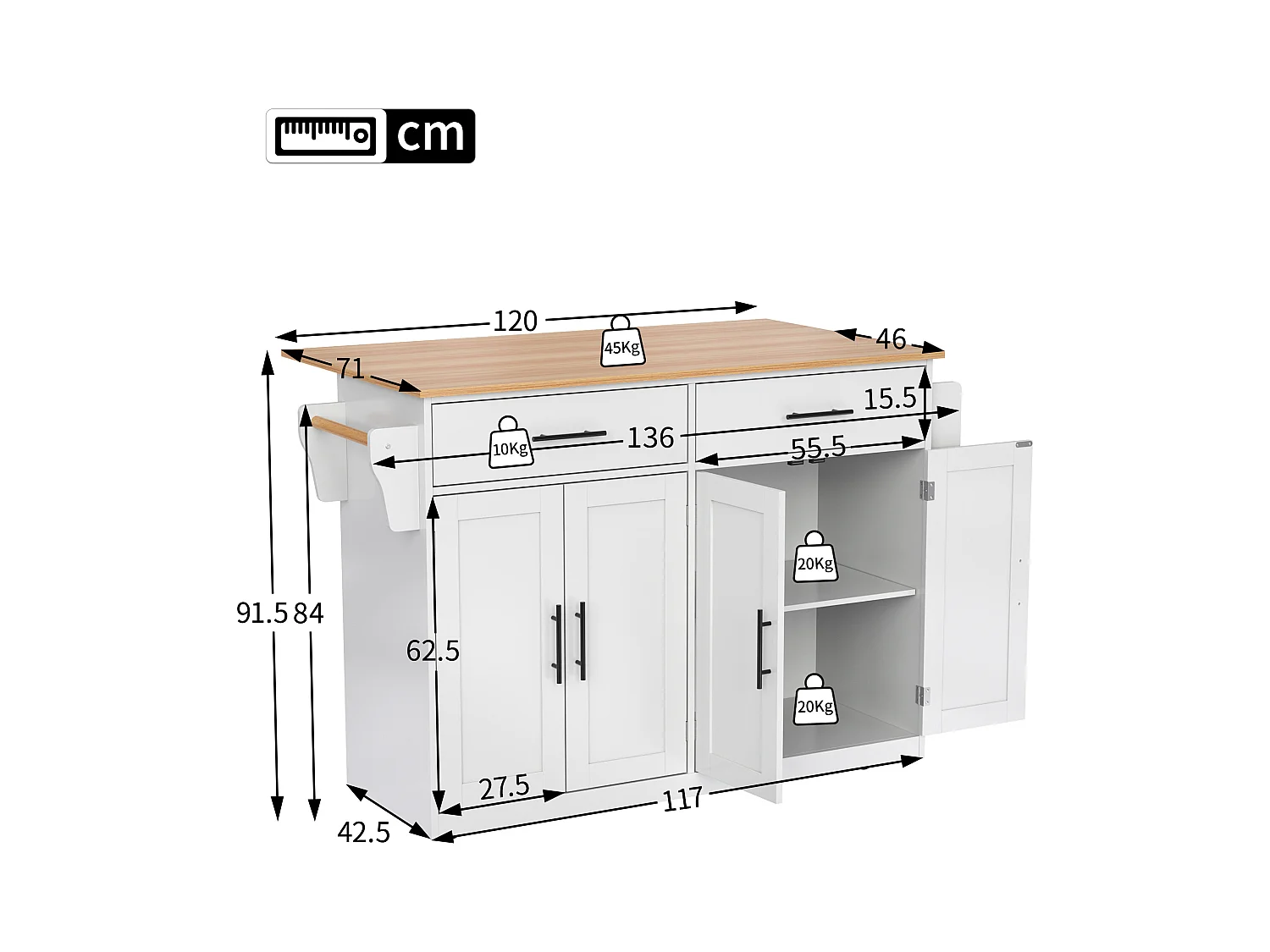 Servierwagen avec table rabattable, 3 tiroirs, porte-serviette, roulettes et pieds en bois interchangeables (120x44(70)x91 cm)