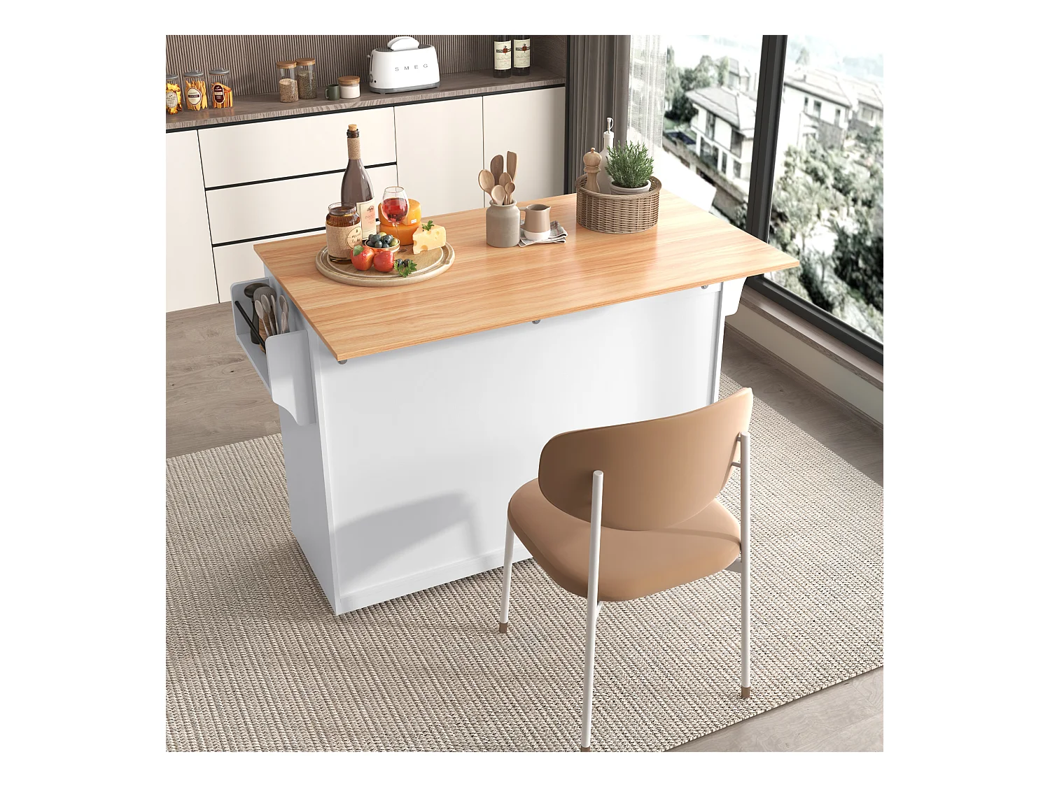 Servierwagen avec table rabattable, 3 tiroirs, porte-serviette, roulettes et pieds en bois interchangeables (120x44(70)x91 cm)