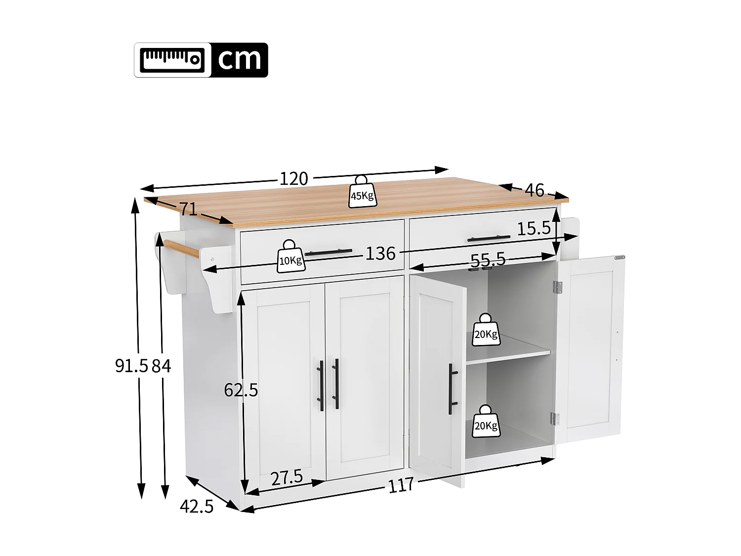 Carrello di servizio con tavolo pieghevole, 3 cassetti, porta tovaglioli, ruote e gambe in legno intercambiabili (120x44(70)x91 cm)
