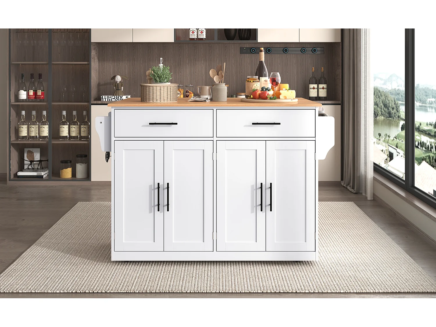 Carrello di servizio con tavolo pieghevole, 3 cassetti, porta tovaglioli, ruote e gambe in legno intercambiabili (120x44(70)x91 cm)