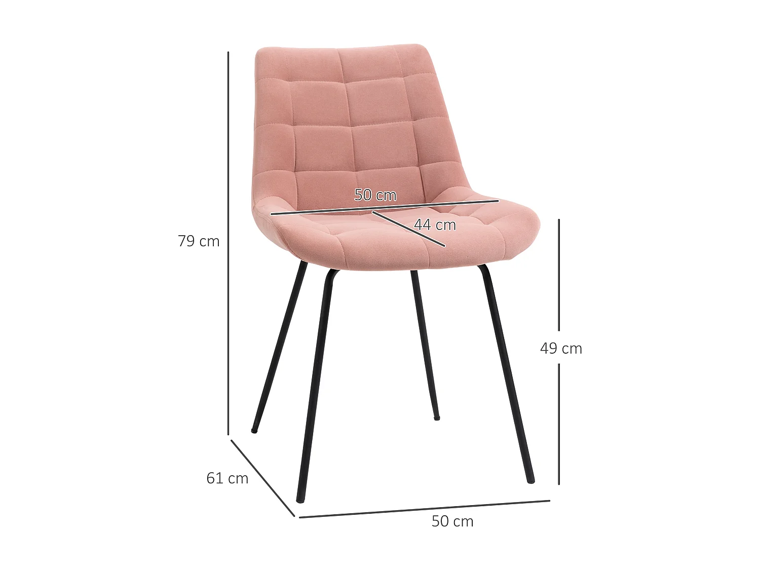 Lot de 2 chaises de salle à manger, velours rose, design rétro, pieds métal (50x61x79cm)