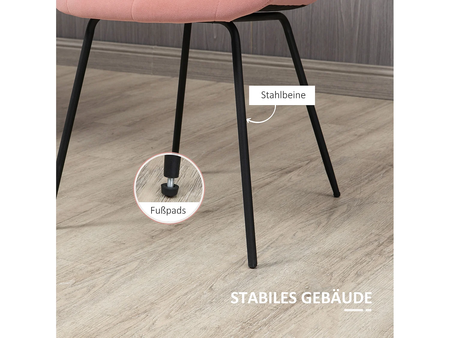 Lot de 2 chaises de salle à manger, velours rose, design rétro, pieds métal (50x61x79cm)