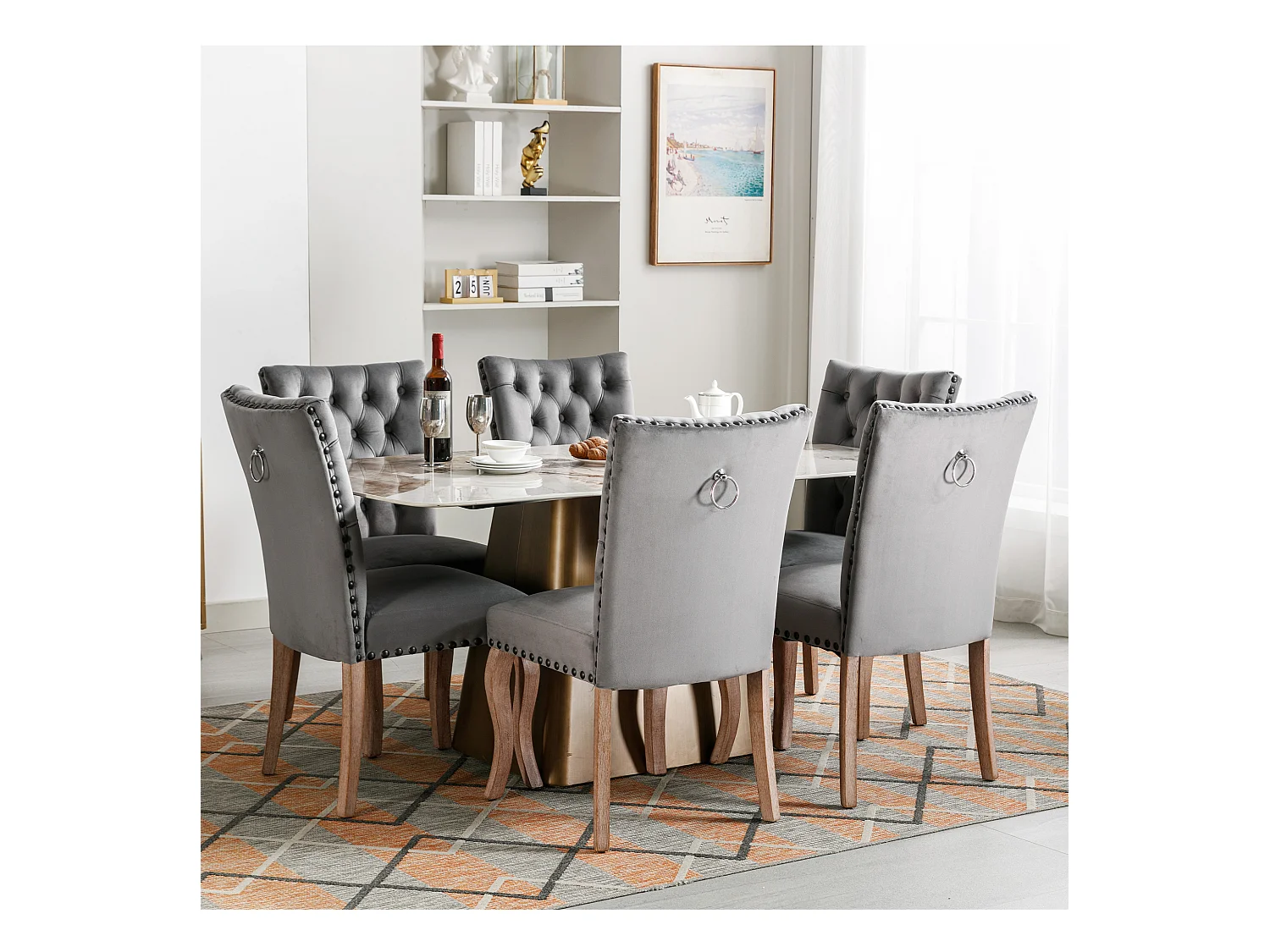 Silla de comedor moderna, en terciopelo gris, con respaldo y patas de madera maciza, juego de 6 (49x63x95 cm)