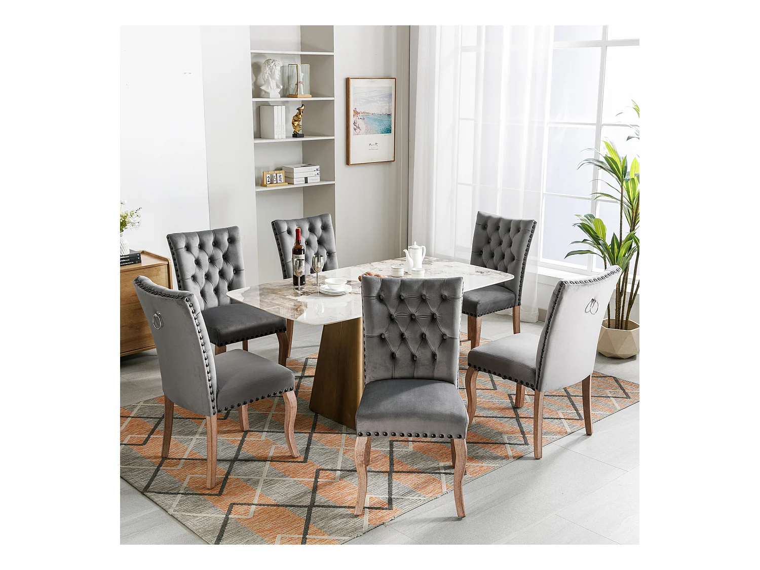 Silla de comedor moderna, en terciopelo gris, con respaldo y patas de madera maciza, juego de 6 (49x63x95 cm)