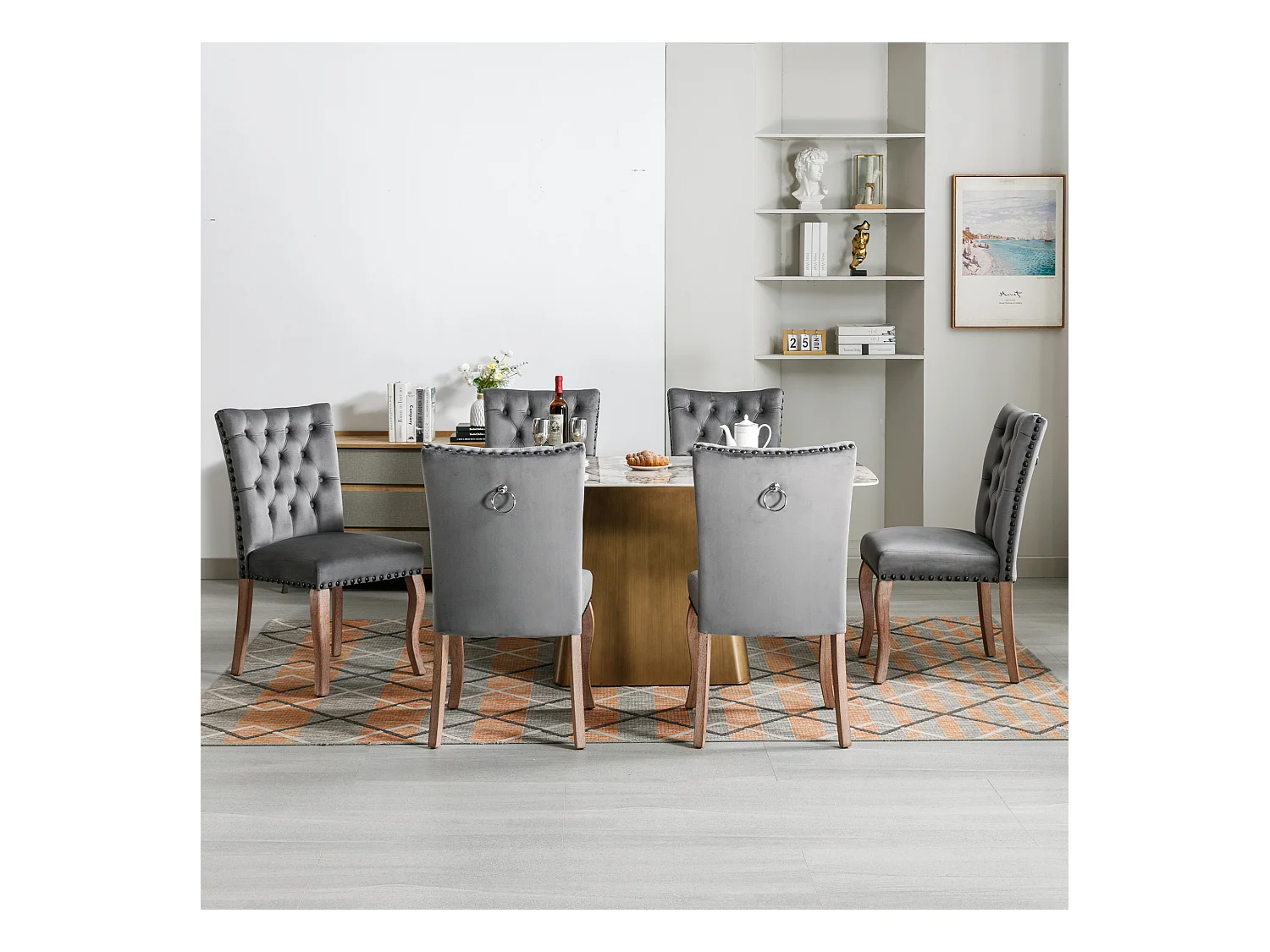 Silla de comedor moderna, en terciopelo gris, con respaldo y patas de madera maciza, juego de 6 (49x63x95 cm)