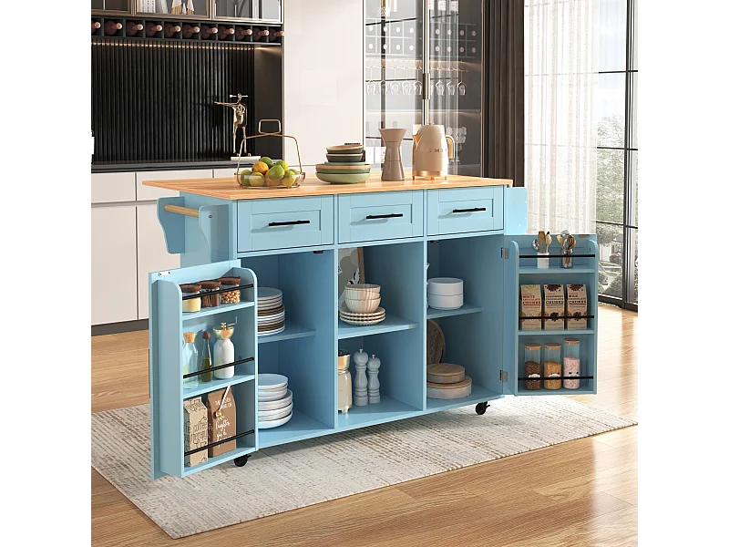 Chariot cuisine pliable, plan bois massif, bleu et bois naturel, avec porte, 3 tiroirs, roulettes, pieds bois massifs (139x46(71)x91.5 cm)