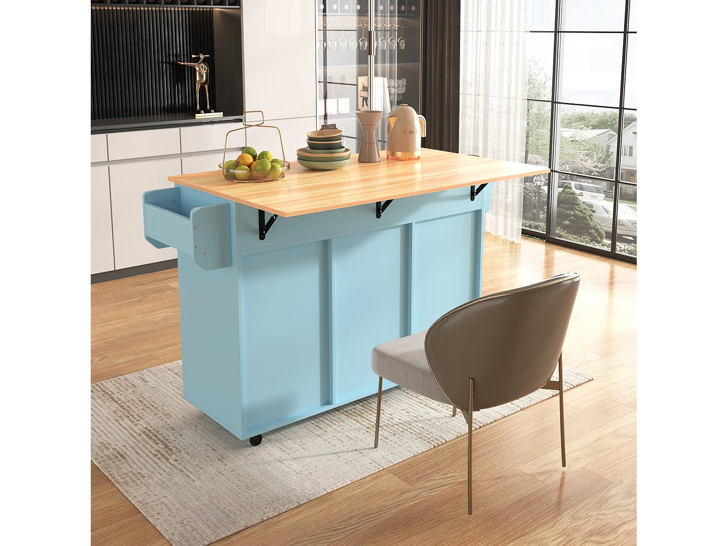 Chariot cuisine pliable, plan bois massif, bleu et bois naturel, avec porte, 3 tiroirs, roulettes, pieds bois massifs (139x46(71)x91.5 cm)