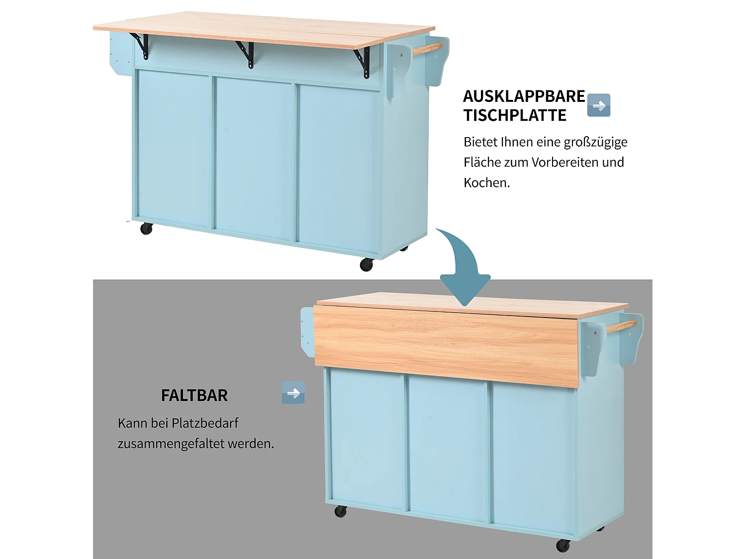 Chariot cuisine pliable, plan bois massif, bleu et bois naturel, avec porte, 3 tiroirs, roulettes, pieds bois massifs (139x46(71)x91.5 cm)