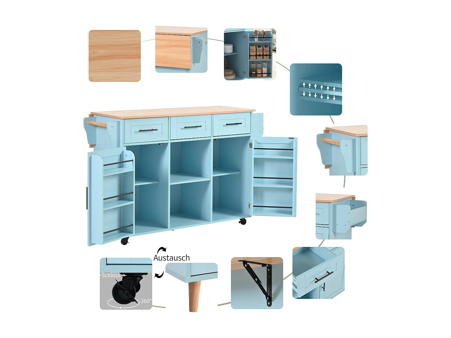 Chariot cuisine pliable, plan bois massif, bleu et bois naturel, avec porte, 3 tiroirs, roulettes, pieds bois massifs (139x46(71)x91.5 cm)