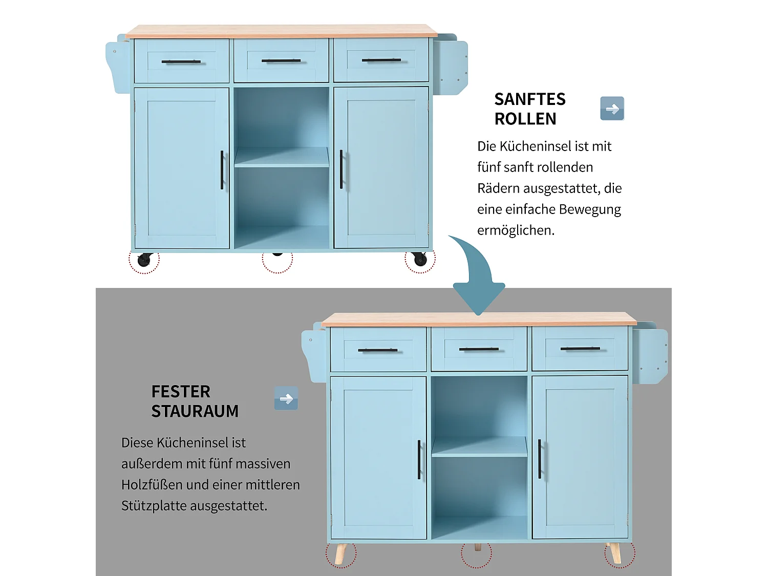 Carrito de cocina plegable, tapa de madera maciza, color azul y madera natural, con puerta, 3 cajones, ruedas, patas de madera maciza (139x46(71)x91,5 cm)