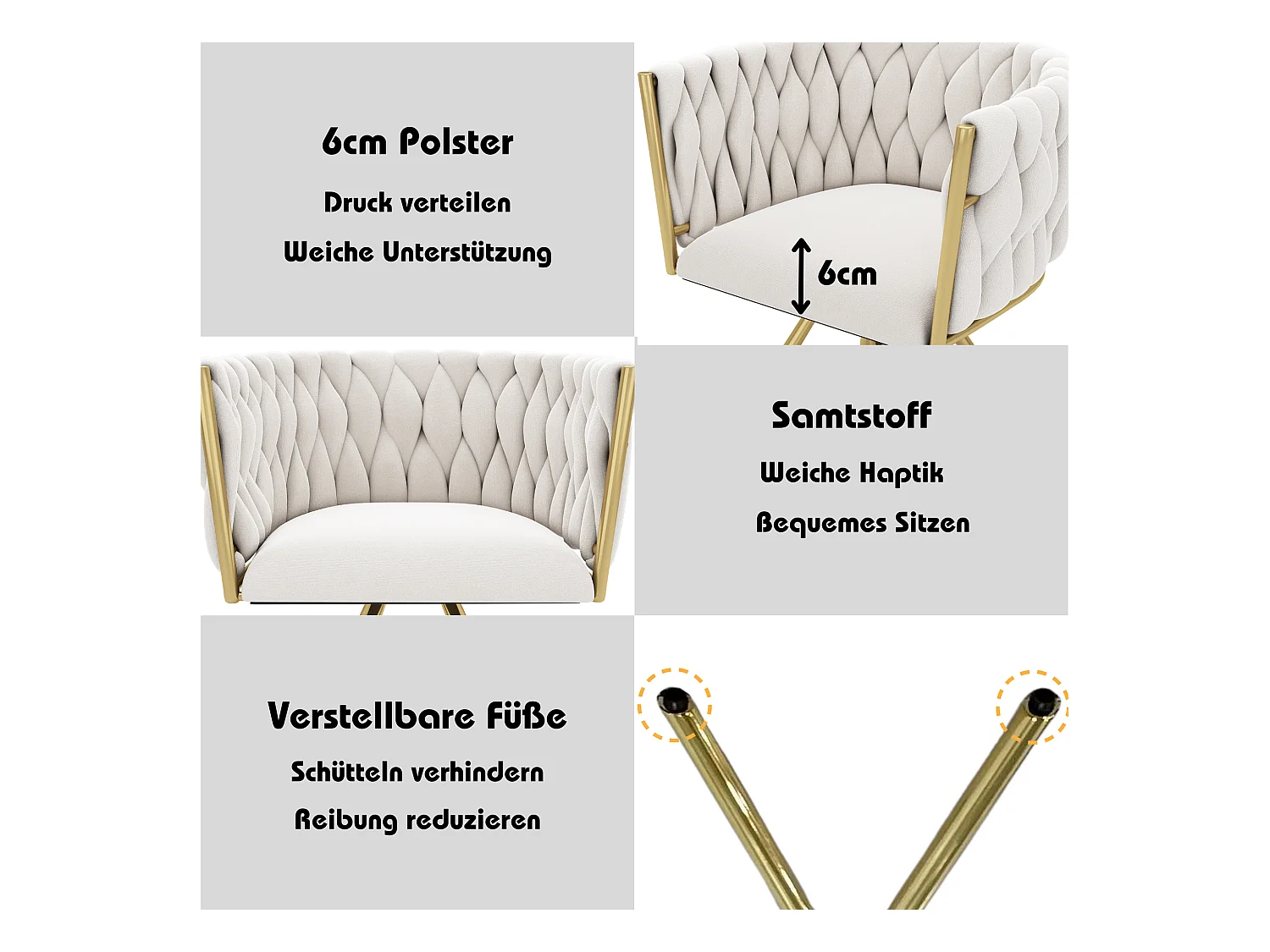 Fluwelen eetkamerstoel, woonkamerfauteuil, modern design, metalen poten, beige en goud