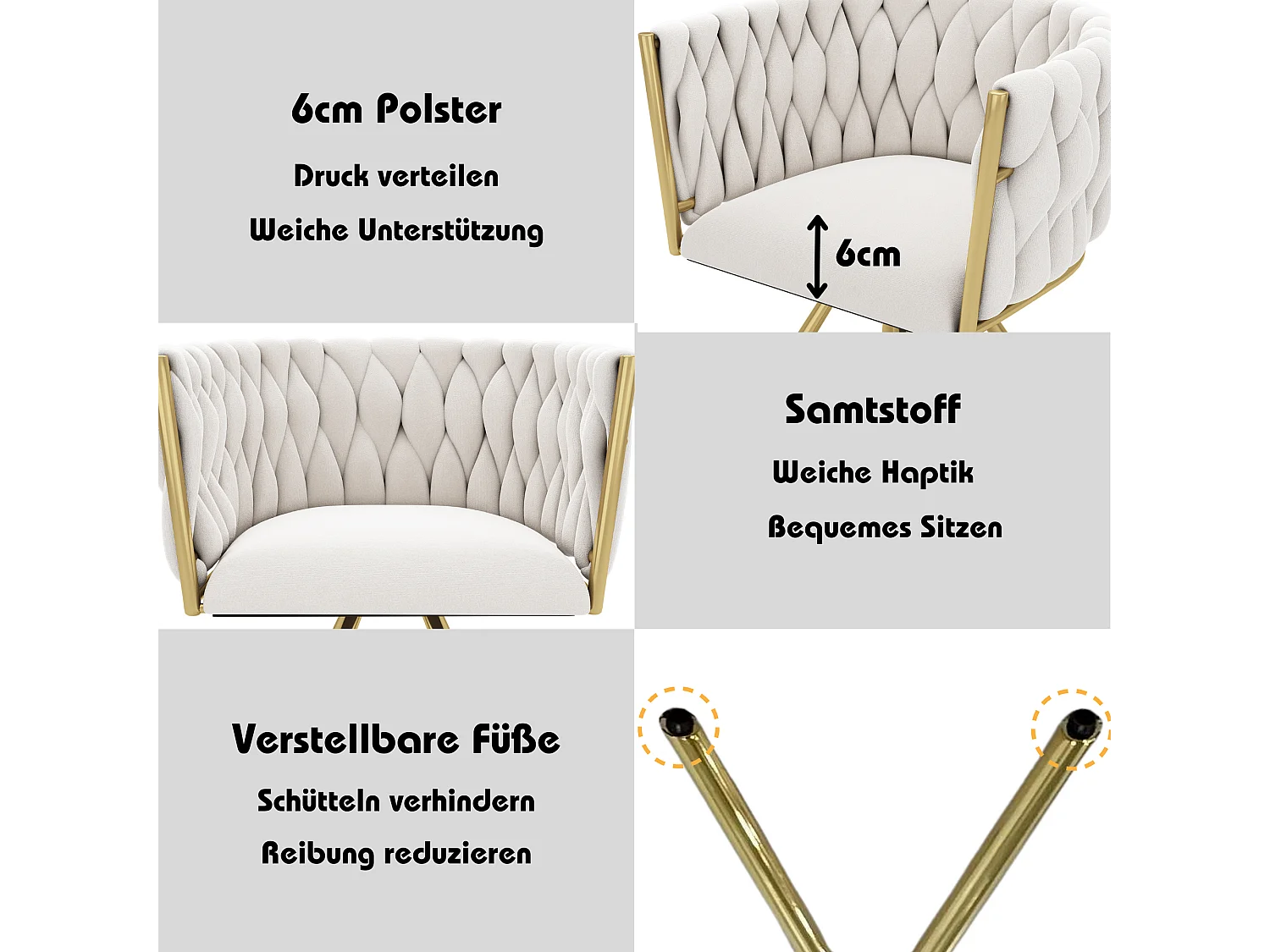 Sedia da pranzo in velluto, poltrona da soggiorno, design moderno, gambe in metallo, beige e oro