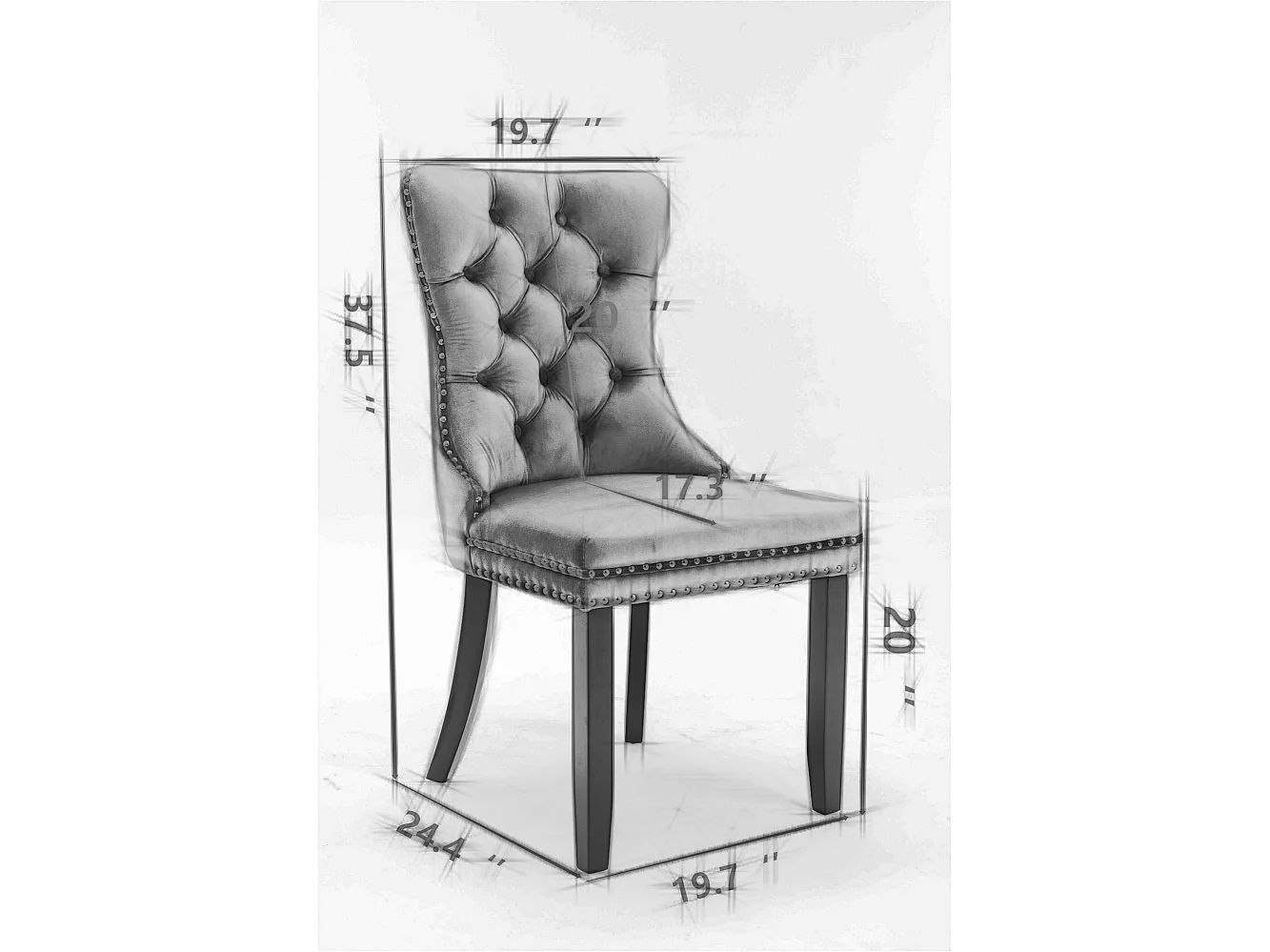 Chaise de salle à manger moderne en velours, pieds en bois massif, clous décoratifs, gris (65x50x95 cm)