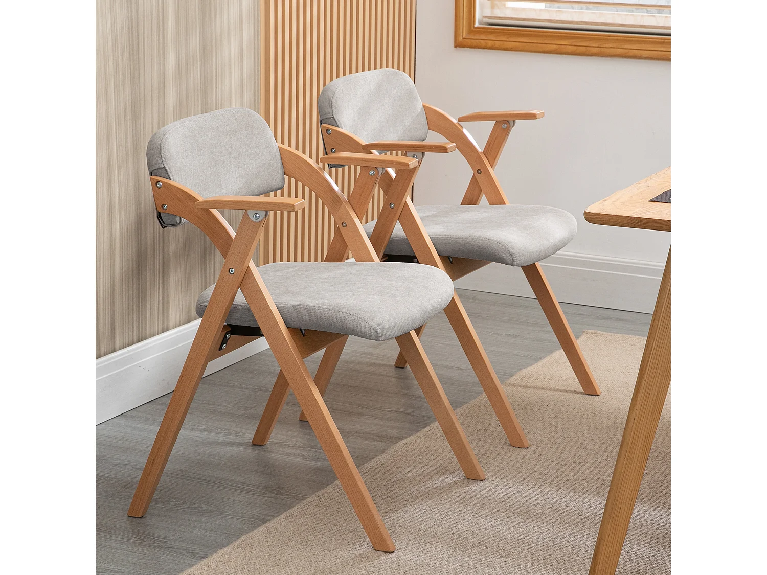 Chaise pliante avec accoudoirs, siège rembourré, bois massif, empilable, grise (52.5x60x79 cm)