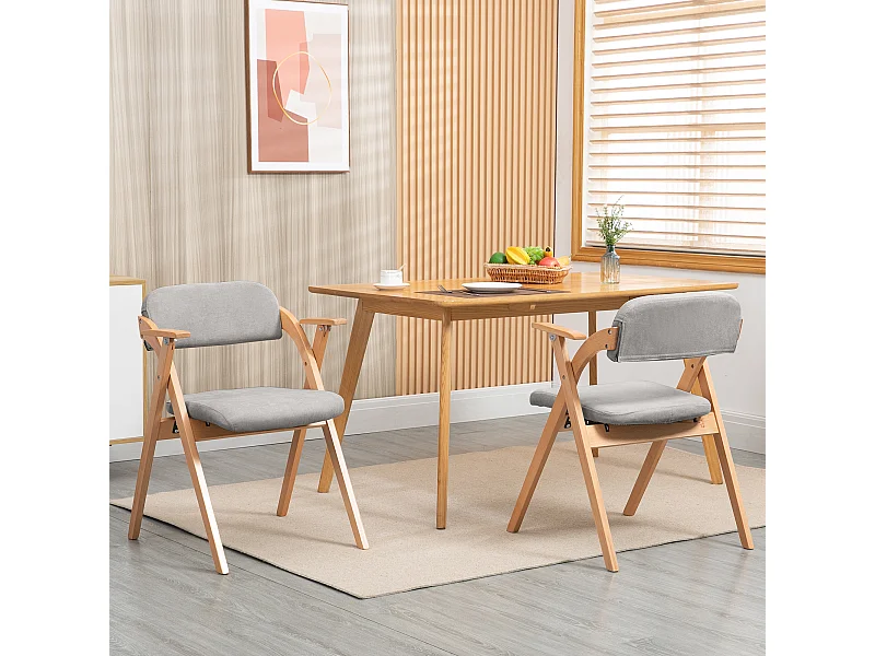 Sedia pieghevole con braccioli, seduta imbottita, legno massello, impilabile, grigio (52,5x60x79 cm)