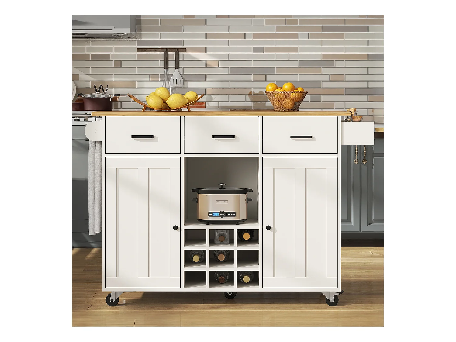 Carrito de cocina, carrito móvil con encimera, toallero y especiero, divisores regulables, blanco (104x39,5x91,5 cm)