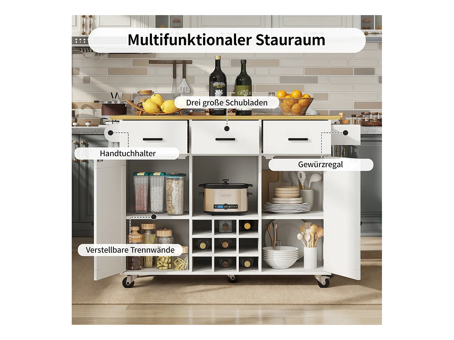 Carrito de cocina, carrito móvil con encimera, toallero y especiero, divisores regulables, blanco (104x39,5x91,5 cm)