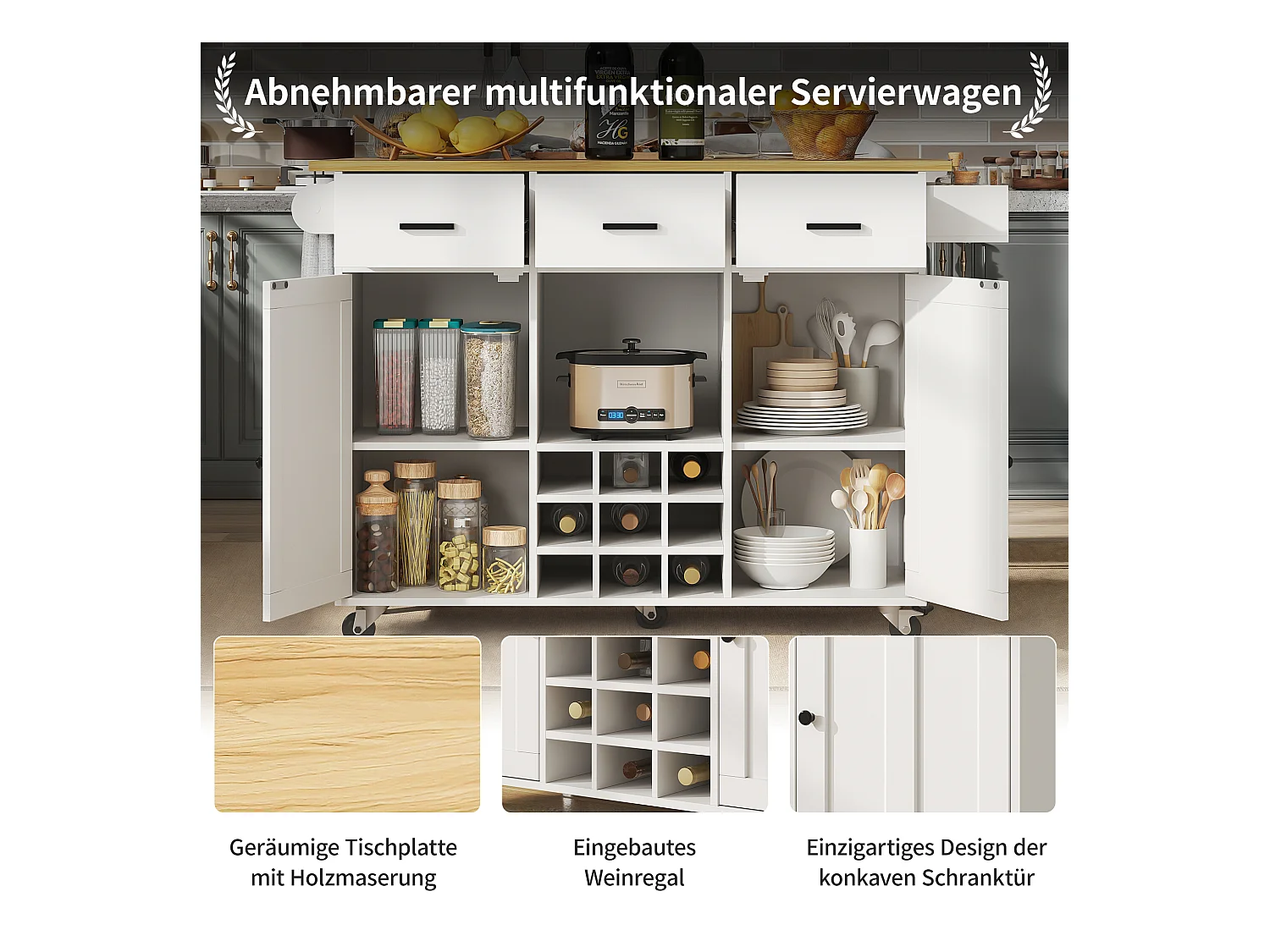 Carrito de cocina, carrito móvil con encimera, toallero y especiero, divisores regulables, blanco (104x39,5x91,5 cm)