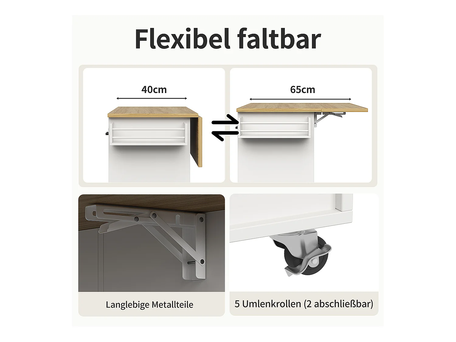Carrito de cocina, carrito móvil con encimera, toallero y especiero, divisores regulables, blanco (104x39,5x91,5 cm)
