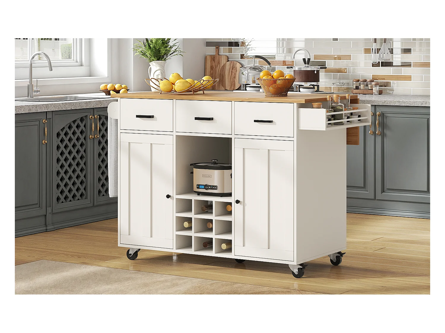 Carrito de cocina, carrito móvil con encimera, toallero y especiero, divisores regulables, blanco (104x39,5x91,5 cm)