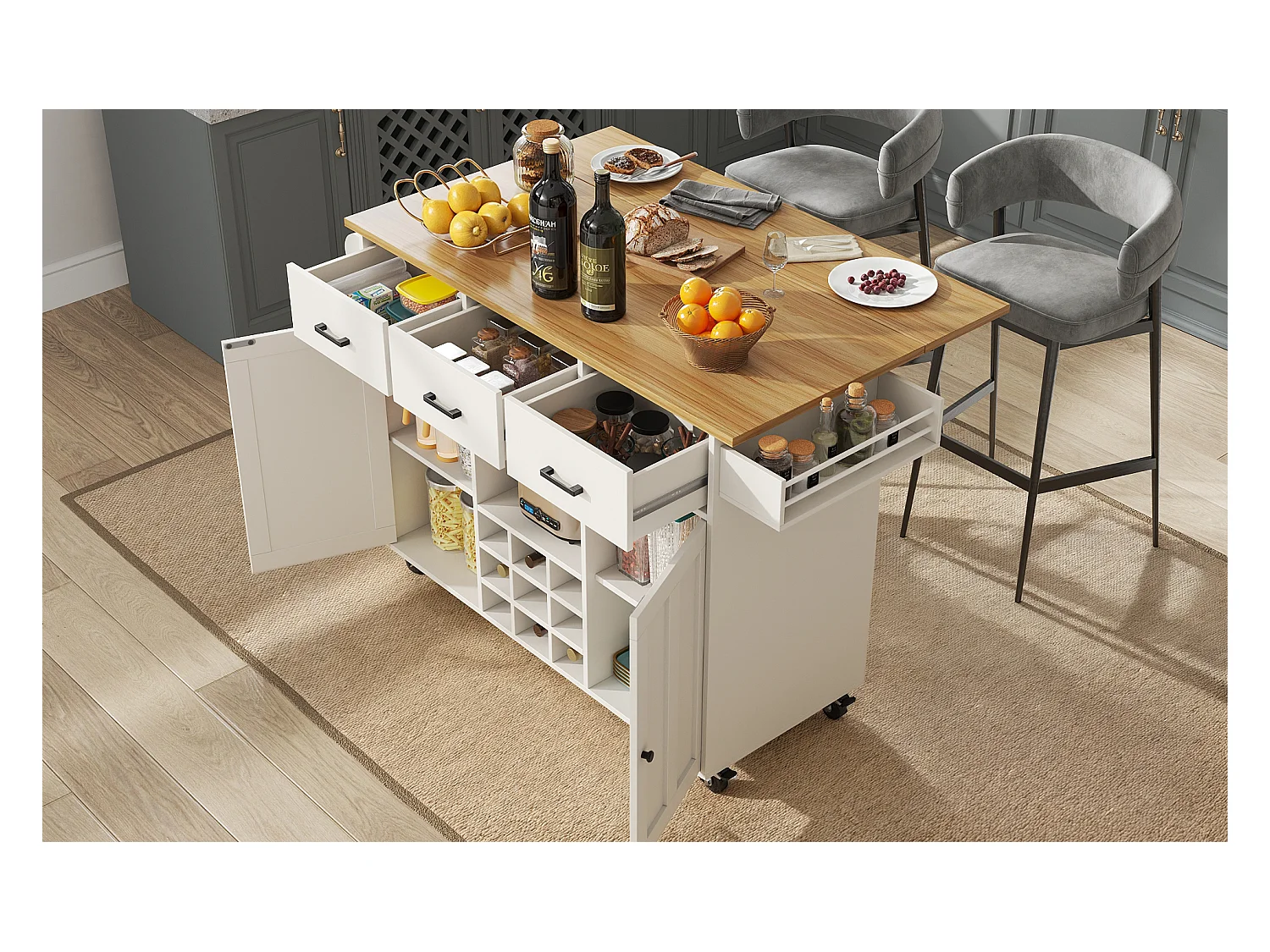 Carrito de cocina, carrito móvil con encimera, toallero y especiero, divisores regulables, blanco (104x39,5x91,5 cm)