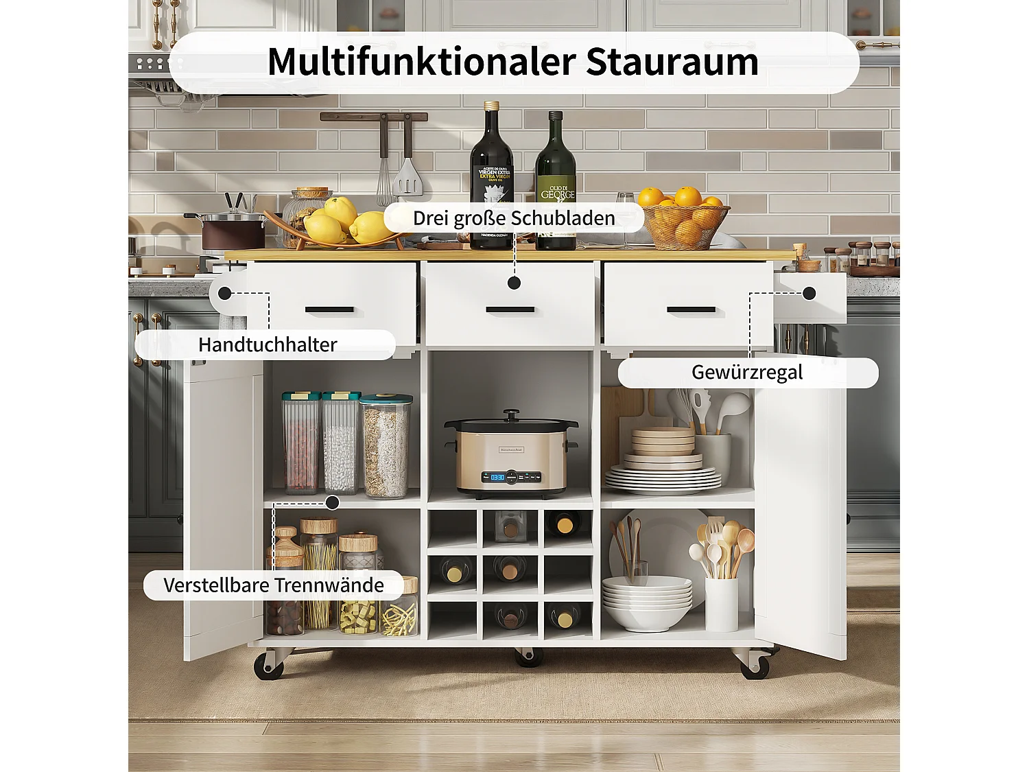 Chariot de cuisine, chariot mobile avec plan de travail, porte-serviette et étagère à épices, cloisons réglables, blanc (104x39.5x91.5 cm)