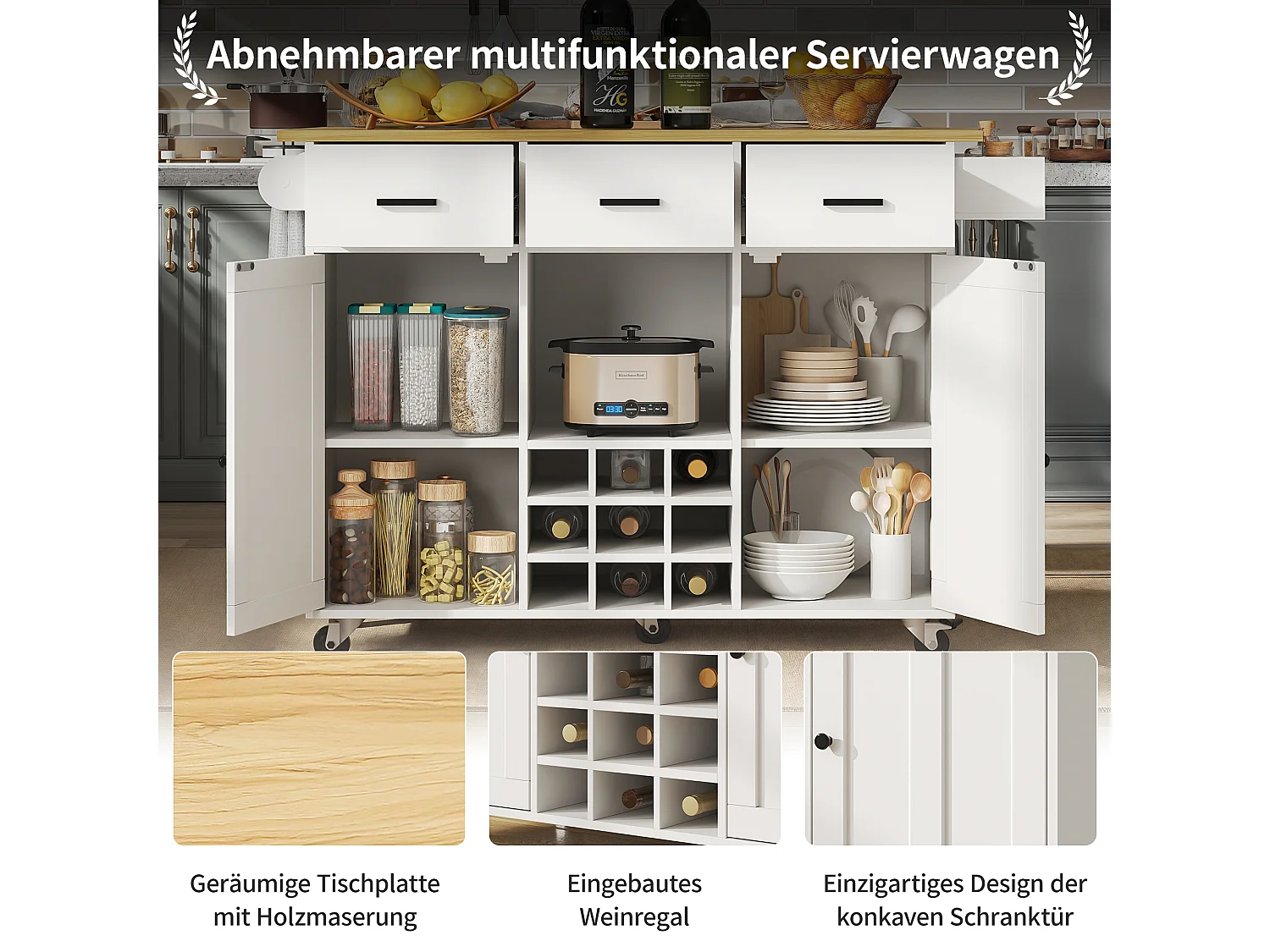 Chariot de cuisine, chariot mobile avec plan de travail, porte-serviette et étagère à épices, cloisons réglables, blanc (104x39.5x91.5 cm)