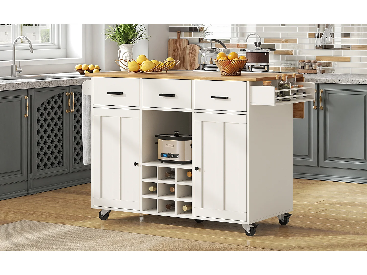 Chariot de cuisine, chariot mobile avec plan de travail, porte-serviette et étagère à épices, cloisons réglables, blanc (104x39.5x91.5 cm)