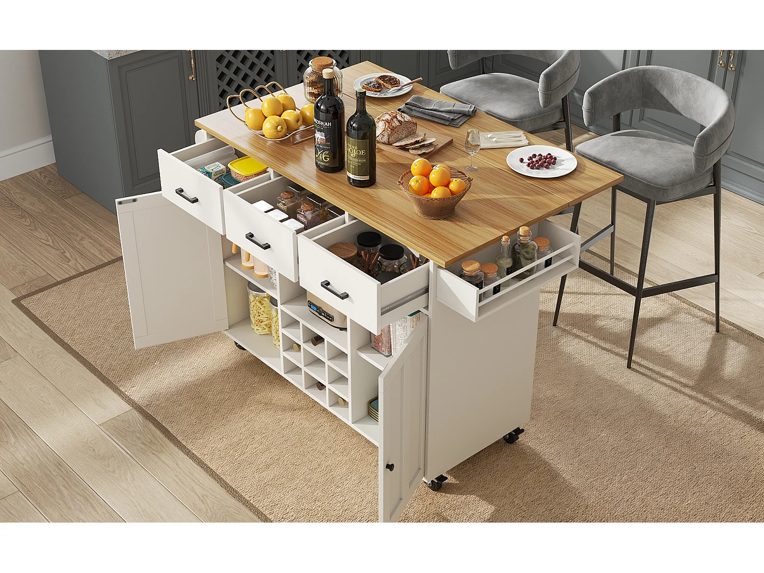 Chariot de cuisine, chariot mobile avec plan de travail, porte-serviette et étagère à épices, cloisons réglables, blanc (104x39.5x91.5 cm)