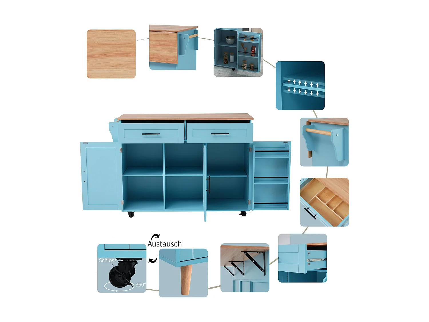 Chariot cuisine, plan bois massif et marbre, design européen, porte, 3 tiroirs, roulettes, pieds bois amovibles (129x46(71)x91.5 cm)