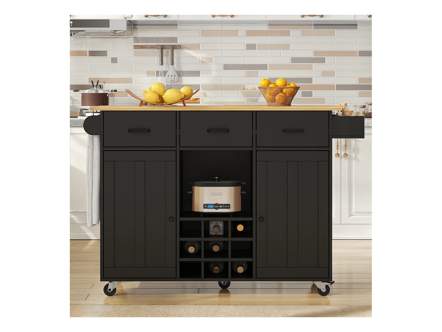 Carrito de cocina móvil con encimera, toallero y especiero, divisores ajustables, estructura de metal, negro (104 x 39,5 x 91,5 cm)