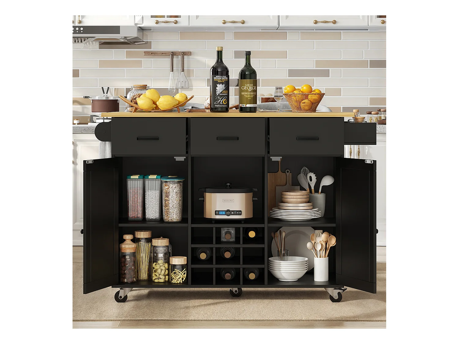 Carrito de cocina móvil con encimera, toallero y especiero, divisores ajustables, estructura de metal, negro (104 x 39,5 x 91,5 cm)