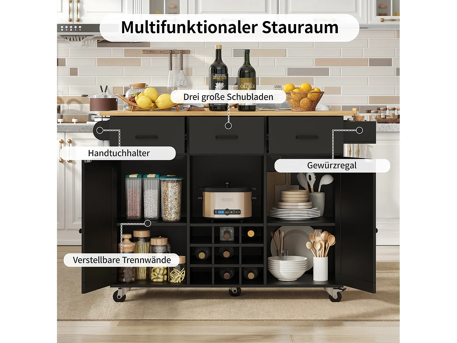 Carrito de cocina móvil con encimera, toallero y especiero, divisores ajustables, estructura de metal, negro (104 x 39,5 x 91,5 cm)