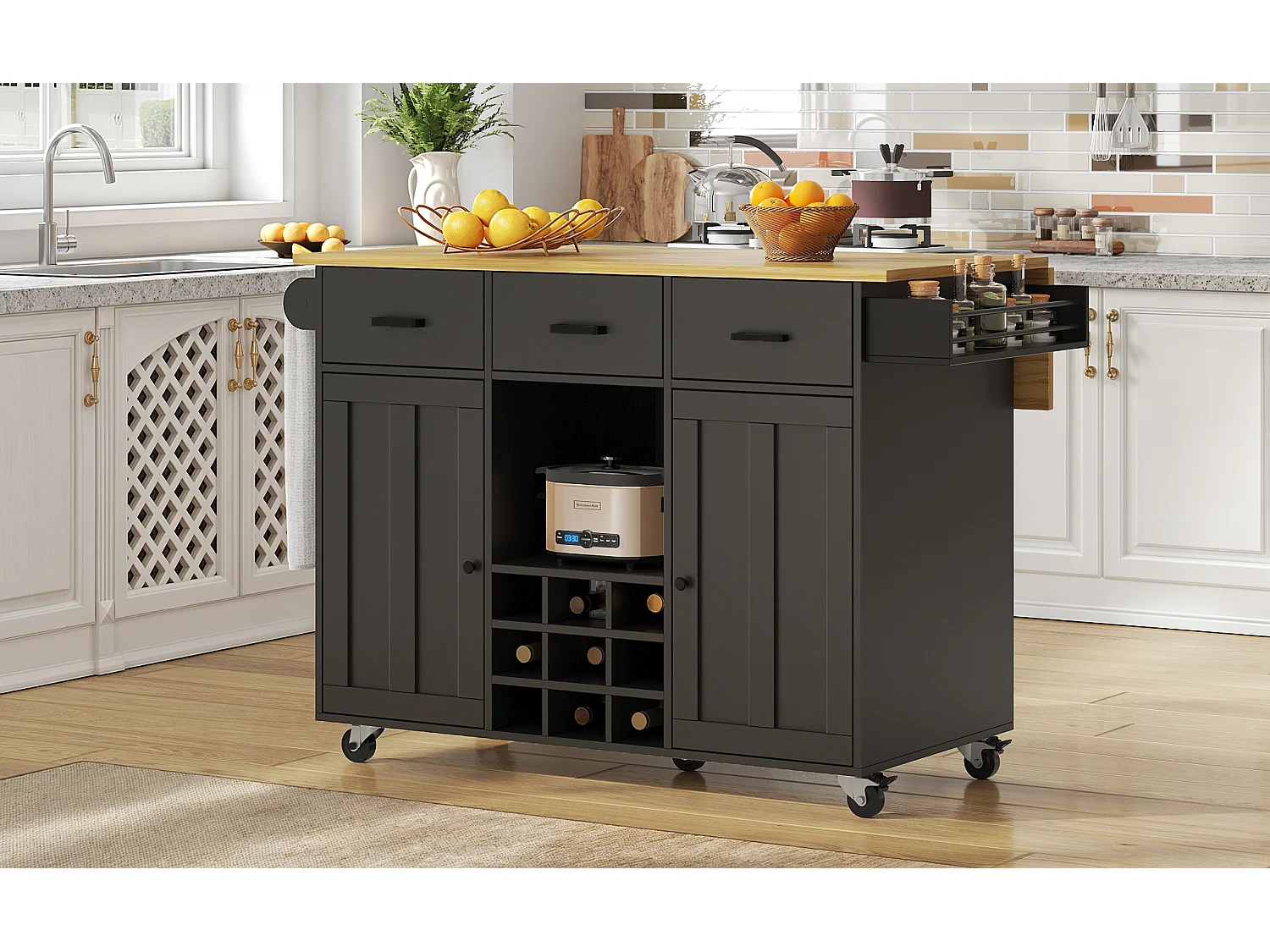 Carrito de cocina móvil con encimera, toallero y especiero, divisores ajustables, estructura de metal, negro (104 x 39,5 x 91,5 cm)