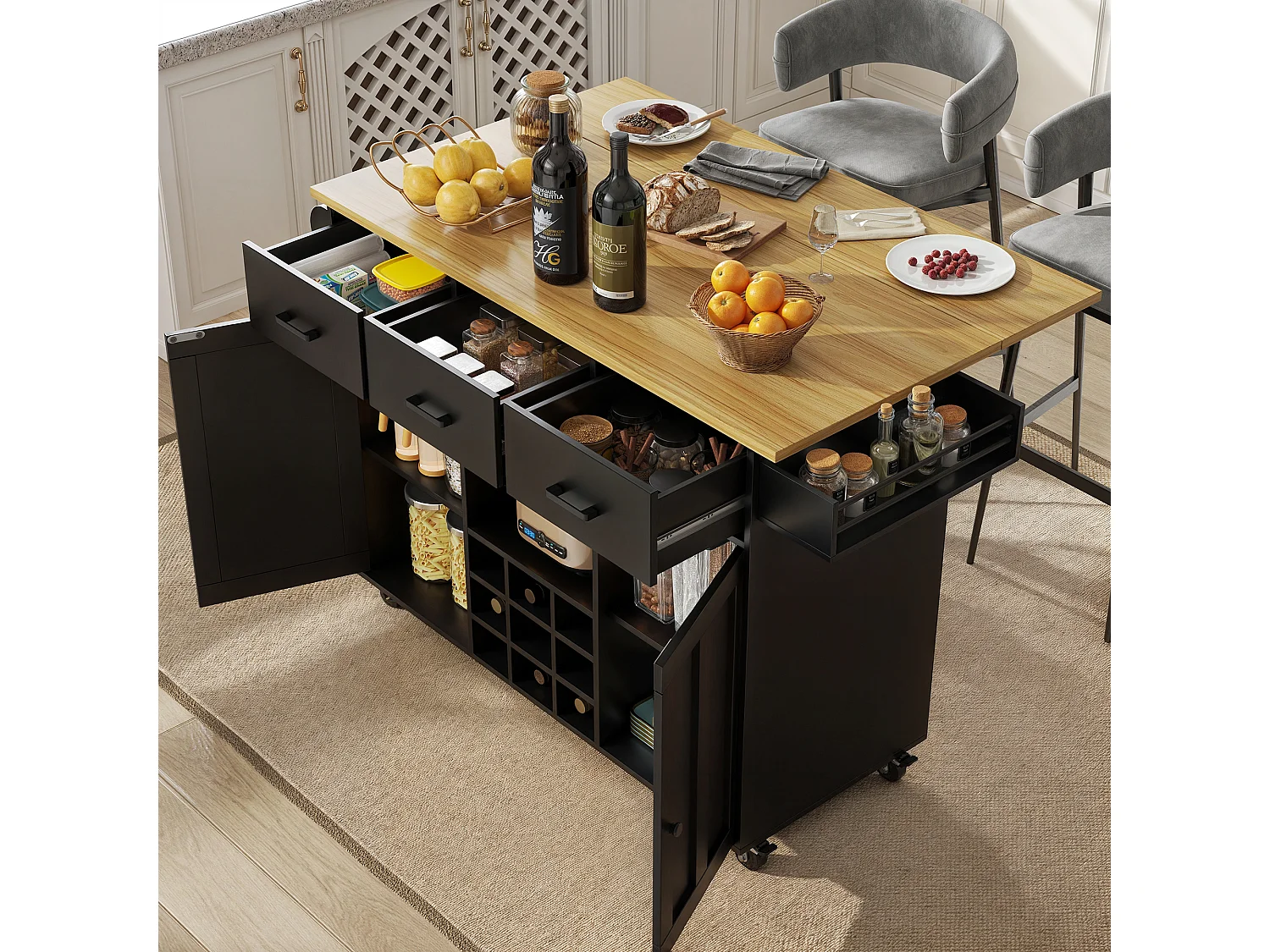 Carrito de cocina móvil con encimera, toallero y especiero, divisores ajustables, estructura de metal, negro (104 x 39,5 x 91,5 cm)