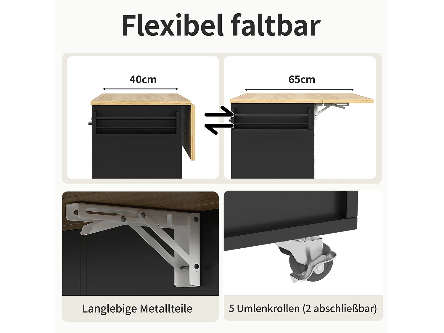 Carrito de cocina móvil con encimera, toallero y especiero, divisores ajustables, estructura de metal, negro (104 x 39,5 x 91,5 cm)