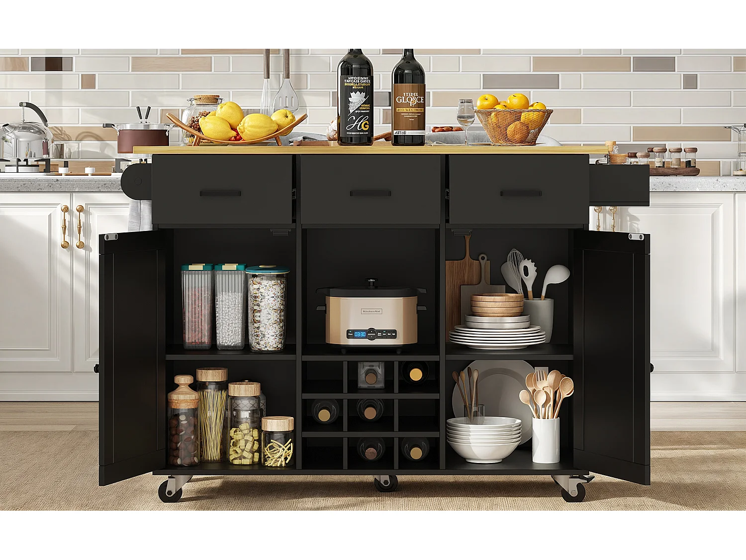 Carrito de cocina móvil con encimera, toallero y especiero, divisores ajustables, estructura de metal, negro (104 x 39,5 x 91,5 cm)