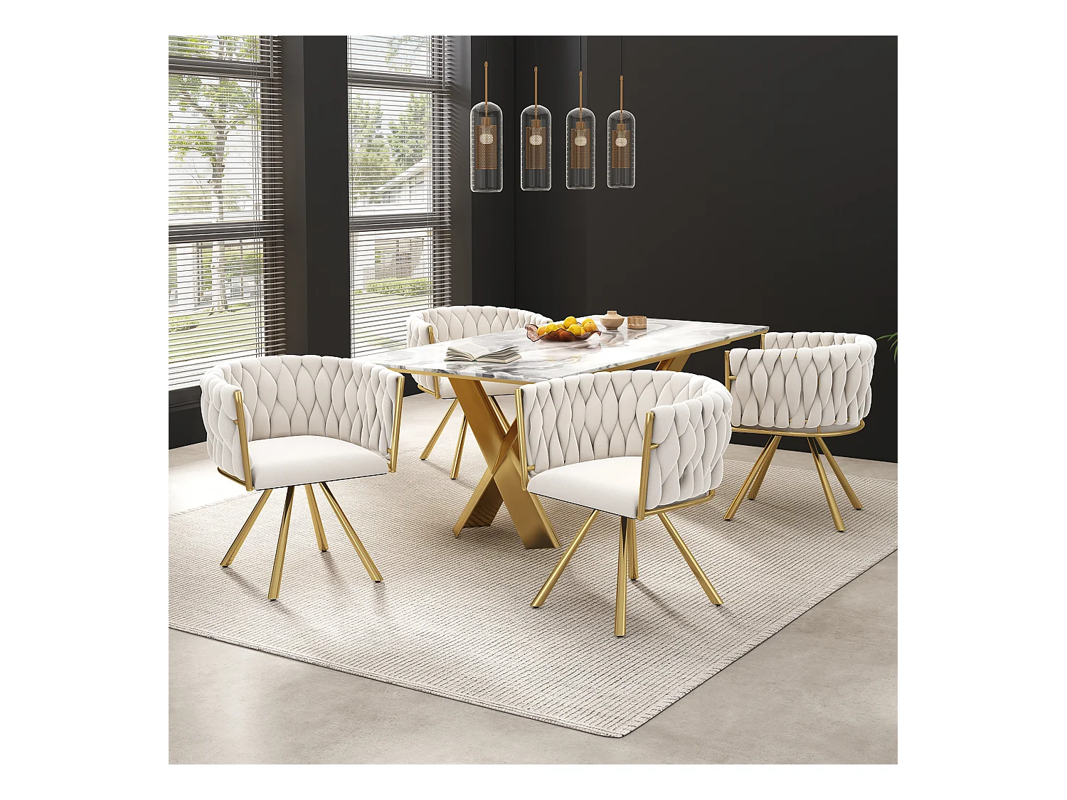 Chaises de salle à manger avec dossier capitonné, 4 pièces, revêtement en velours, pieds en métal doré, beige (50x45x91 cm)