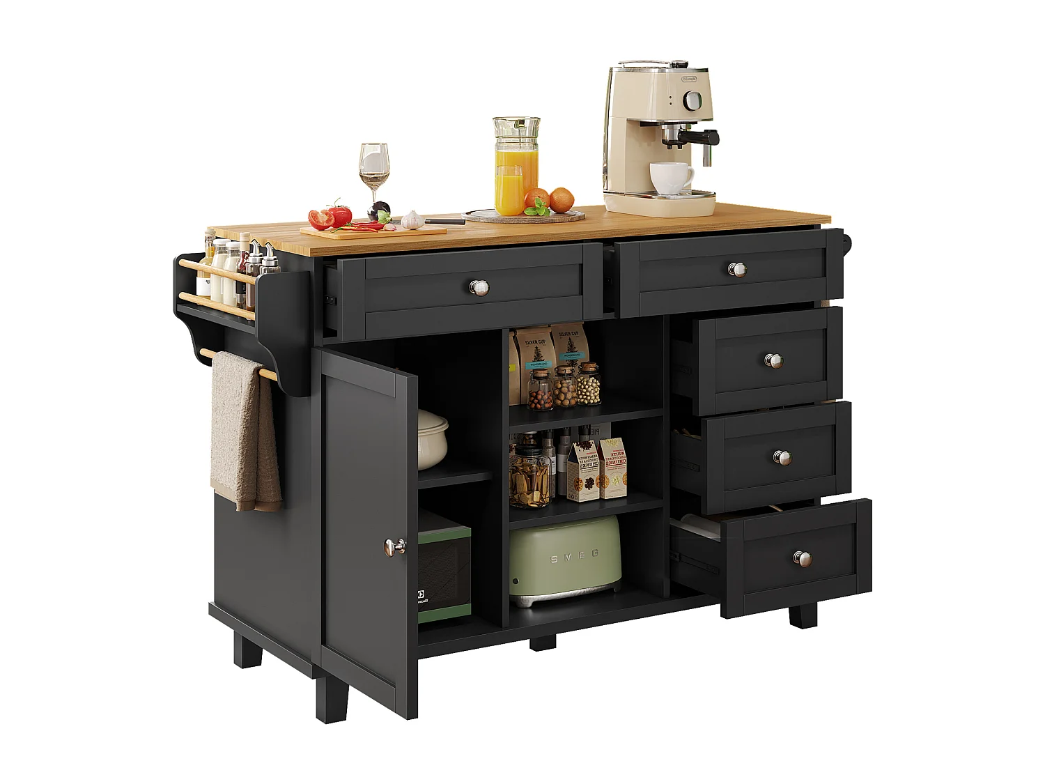 Chariot de Cuisine avec 4 portes, 2 tiroirs, compartiment ouvert, noir et bois, avec roues et système de rangement flexible (134x46x92 cm)