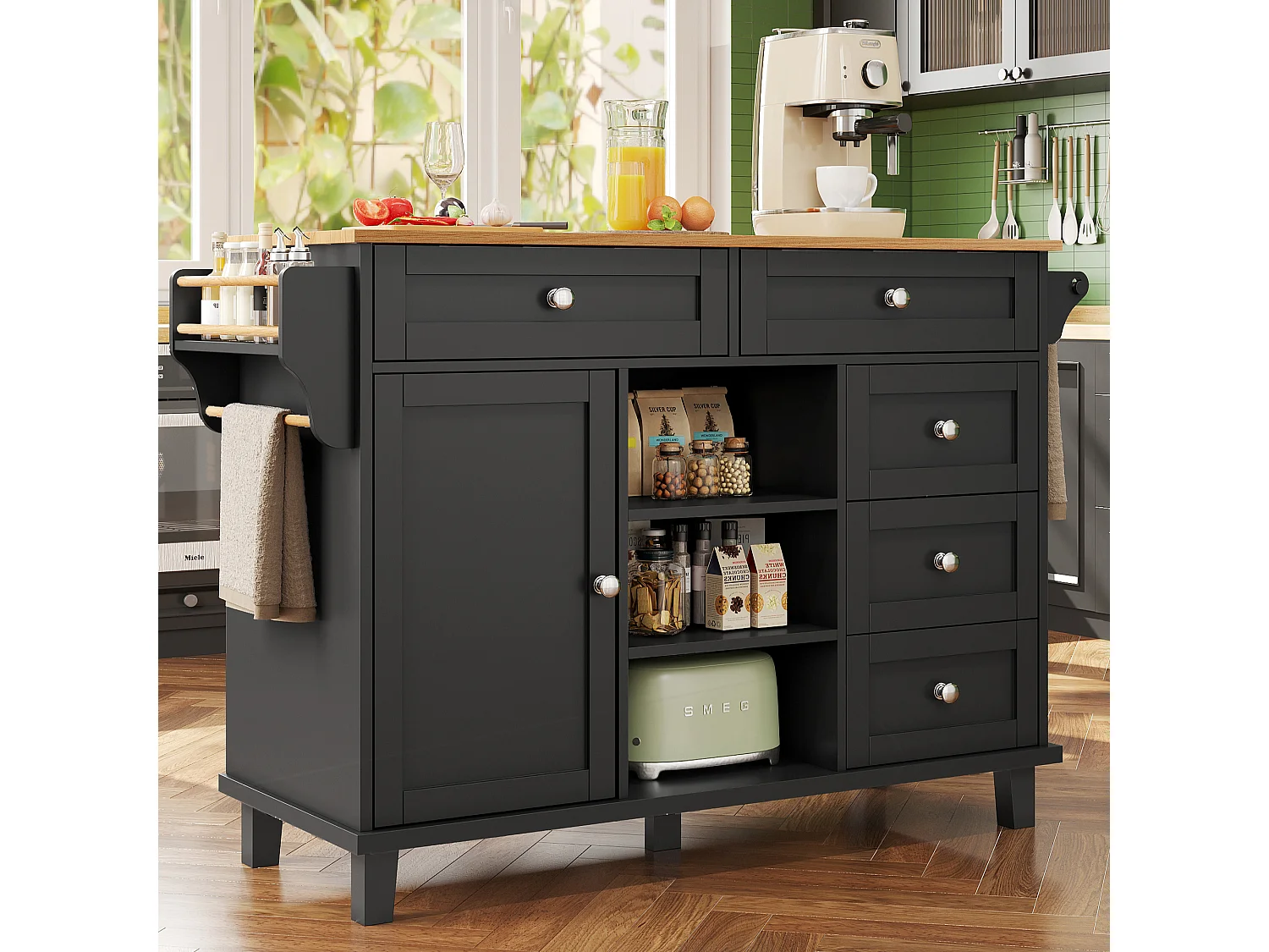 Carrello da cucina con 4 ante, 2 cassetti, vano aperto, nero e legno, con ruote e sistema di stoccaggio flessibile (134x46x92 cm)