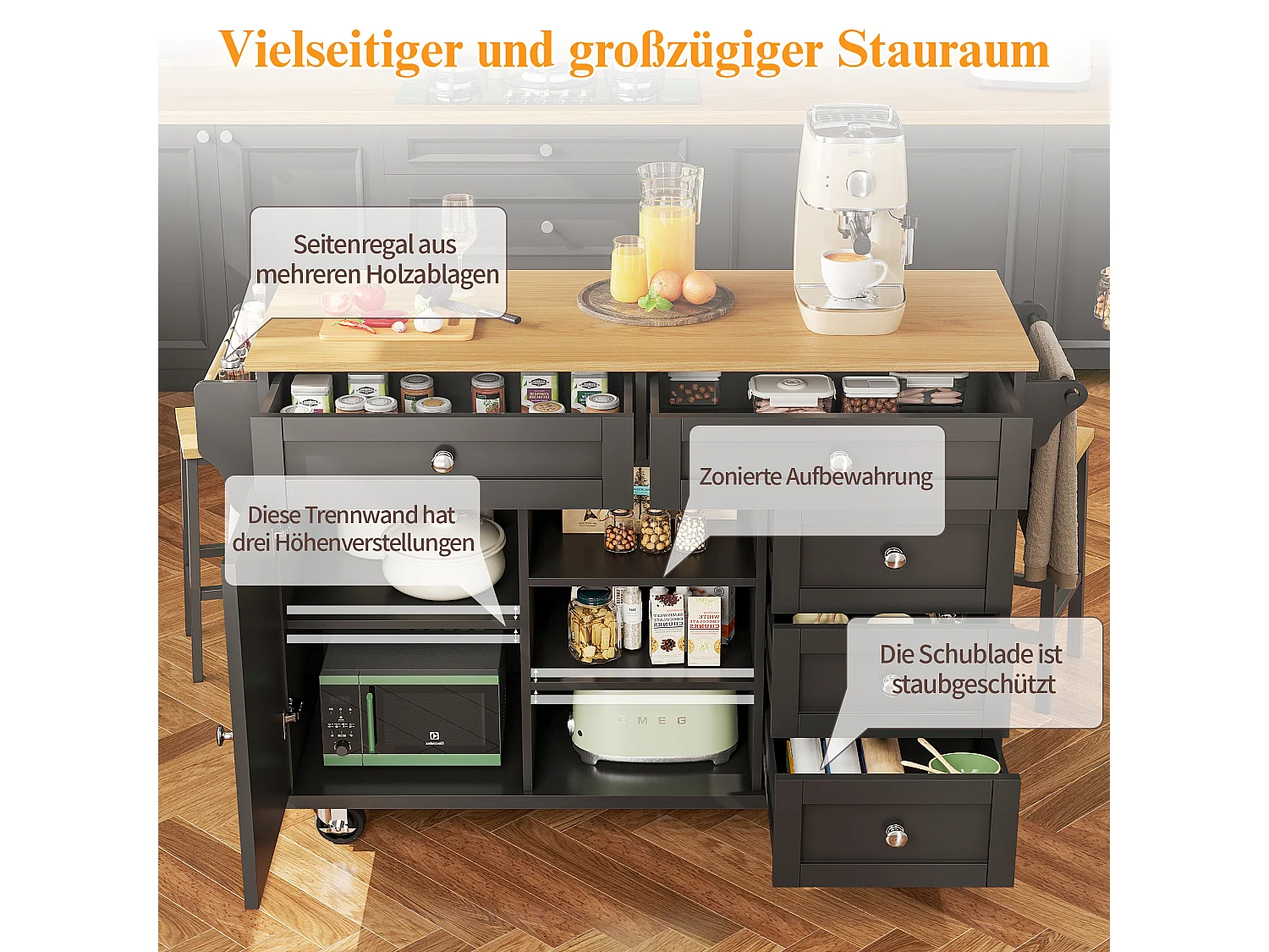 Carrello da cucina con 4 ante, 2 cassetti, vano aperto, nero e legno, con ruote e sistema di stoccaggio flessibile (134x46x92 cm)